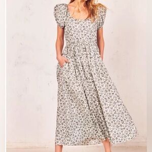 Love Shack Fancy Dress Lais Prairie Cottage Puff Sleeve Ditsy Floral White Black